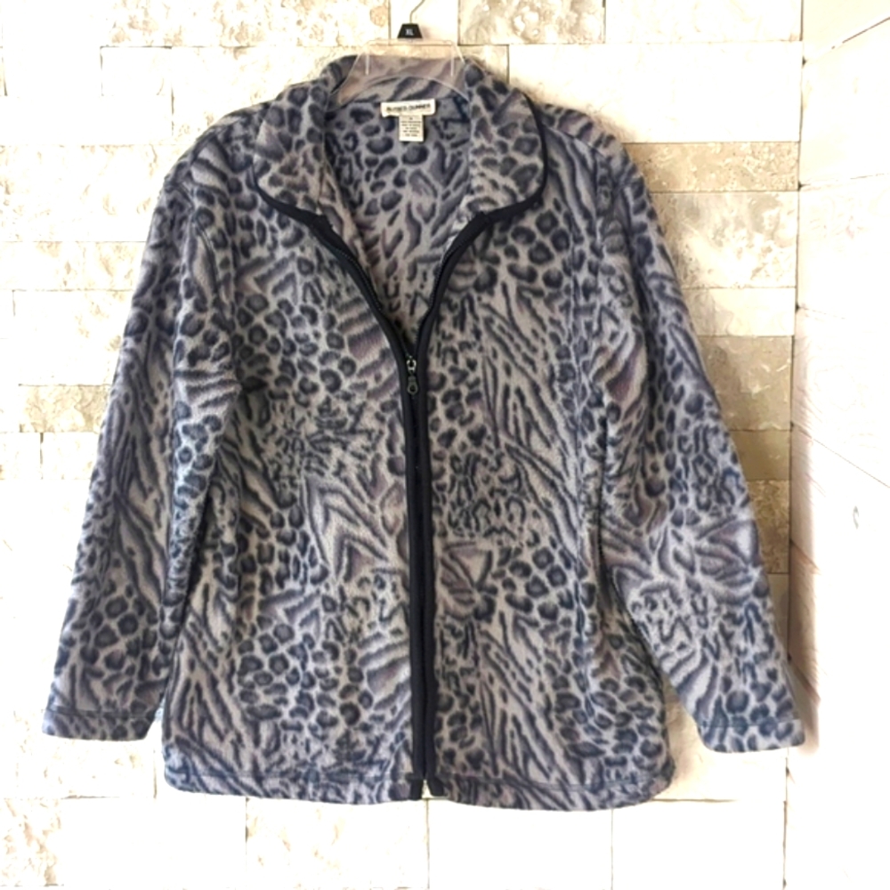 Alfred Dunner Y2K Leopard Print Fleece Coat Grey & Black  Zip Up Jacket Soft EUC
